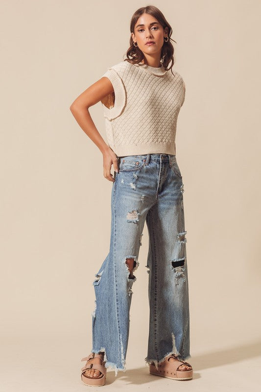 Mid Rise Wide Destructed and Distressed Jeans