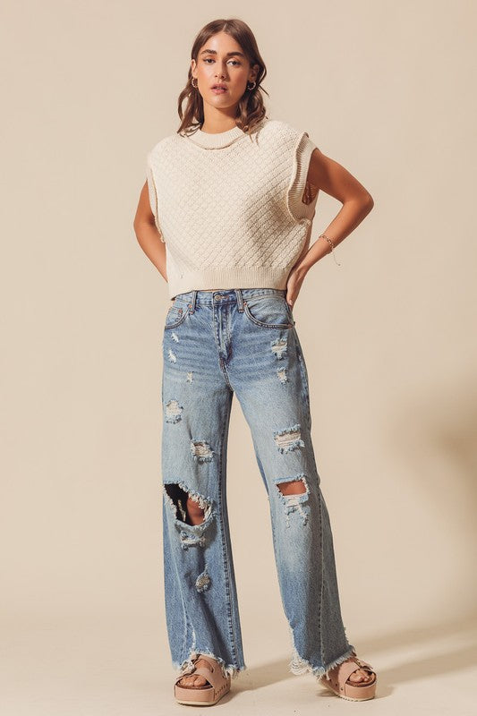 Mid Rise Wide Destructed and Distressed Jeans