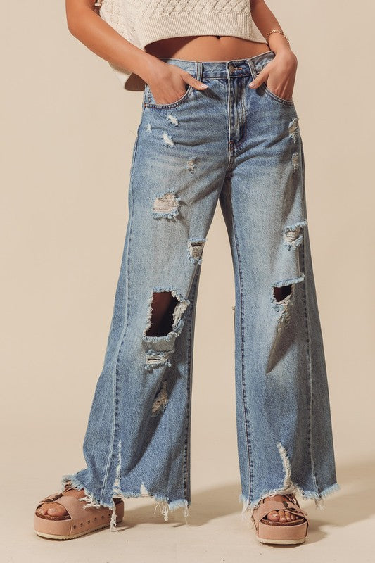 Mid Rise Wide Destructed and Distressed Jeans