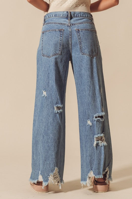 Mid Rise Wide Destructed and Distressed Jeans
