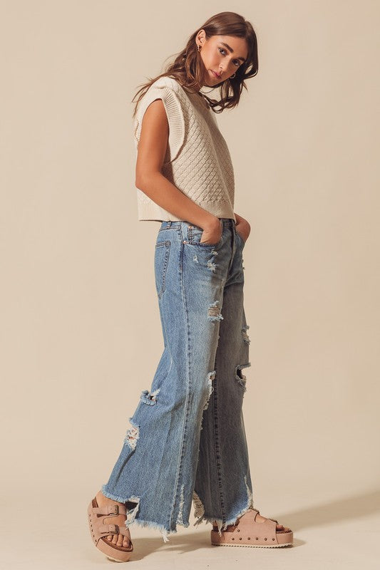 Mid Rise Wide Destructed and Distressed Jeans