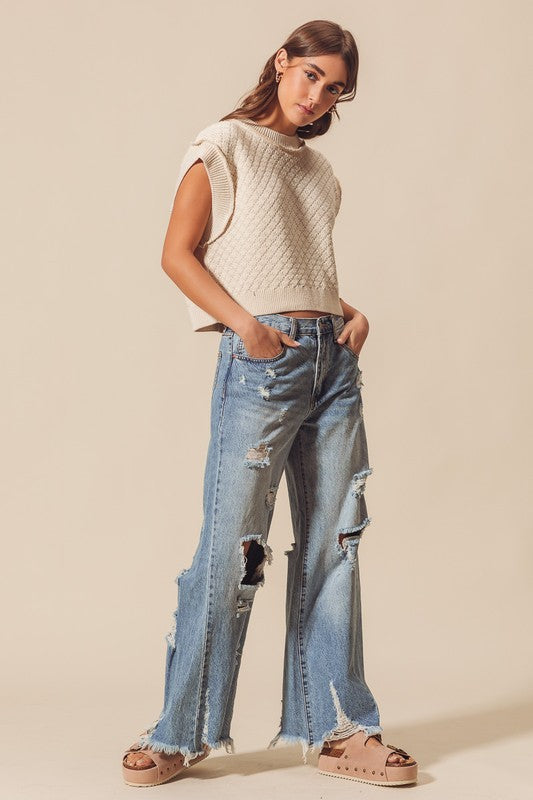 Mid Rise Wide Destructed and Distressed Jeans