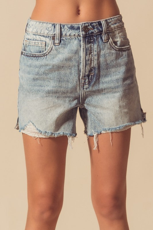 Mid Rise Distressed Denim Shorts