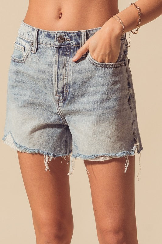 Mid Rise Distressed Denim Shorts