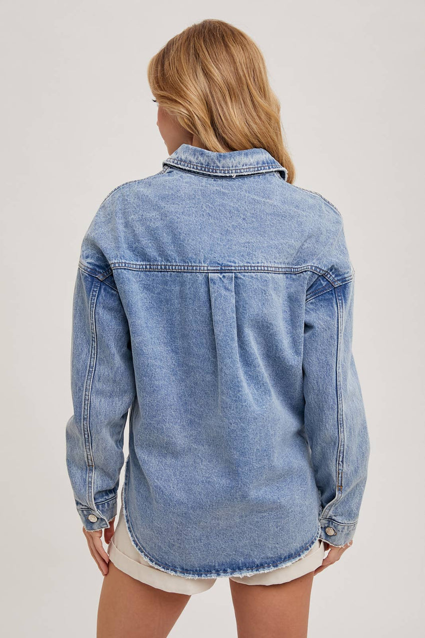 Button Down Dolphin Hem Denim Jacket