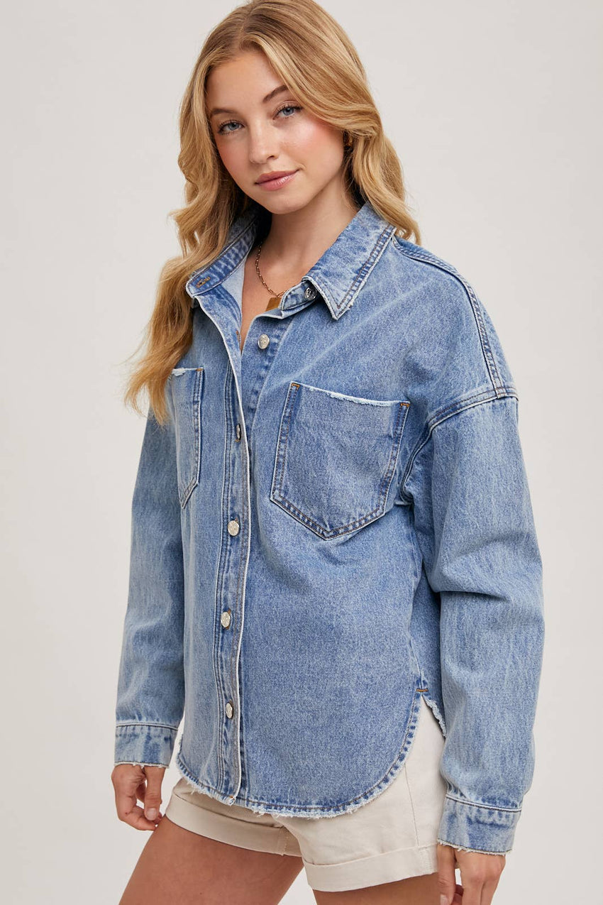 Button Down Dolphin Hem Denim Jacket
