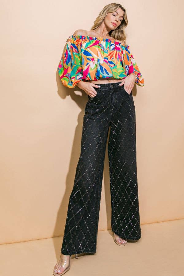 Washed Denim Embellished Pants