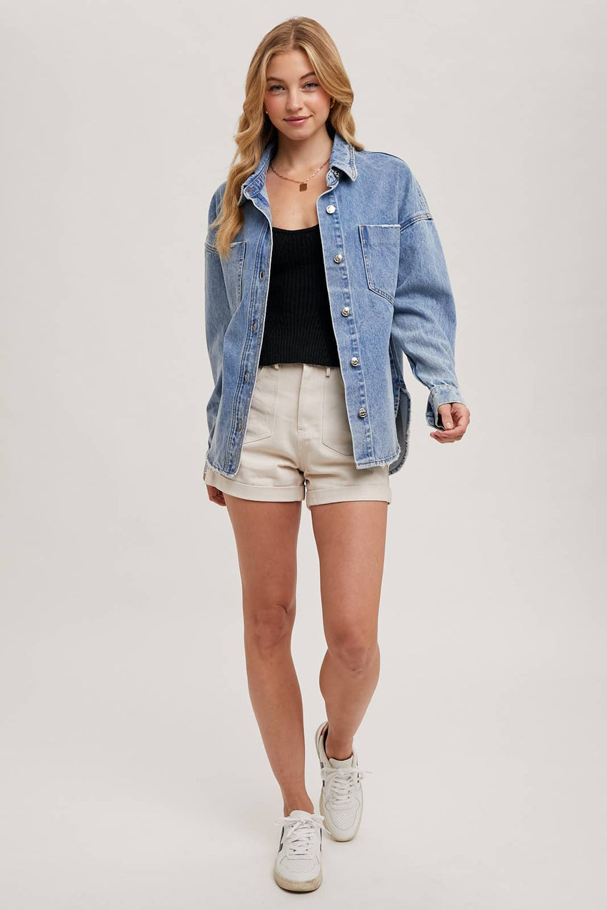 Button Down Dolphin Hem Denim Jacket