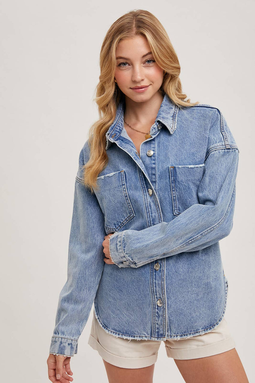 Button Down Dolphin Hem Denim Jacket