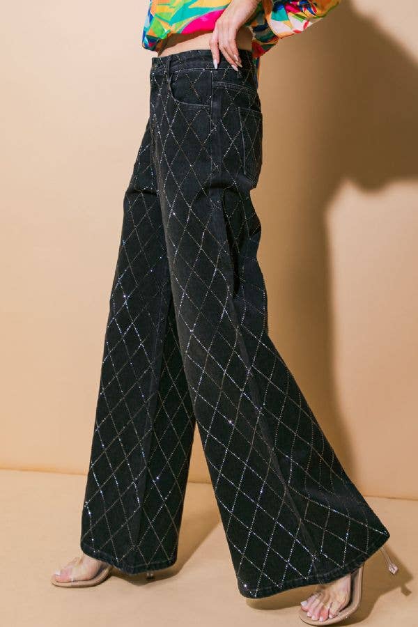 Washed Denim Embellished Pants