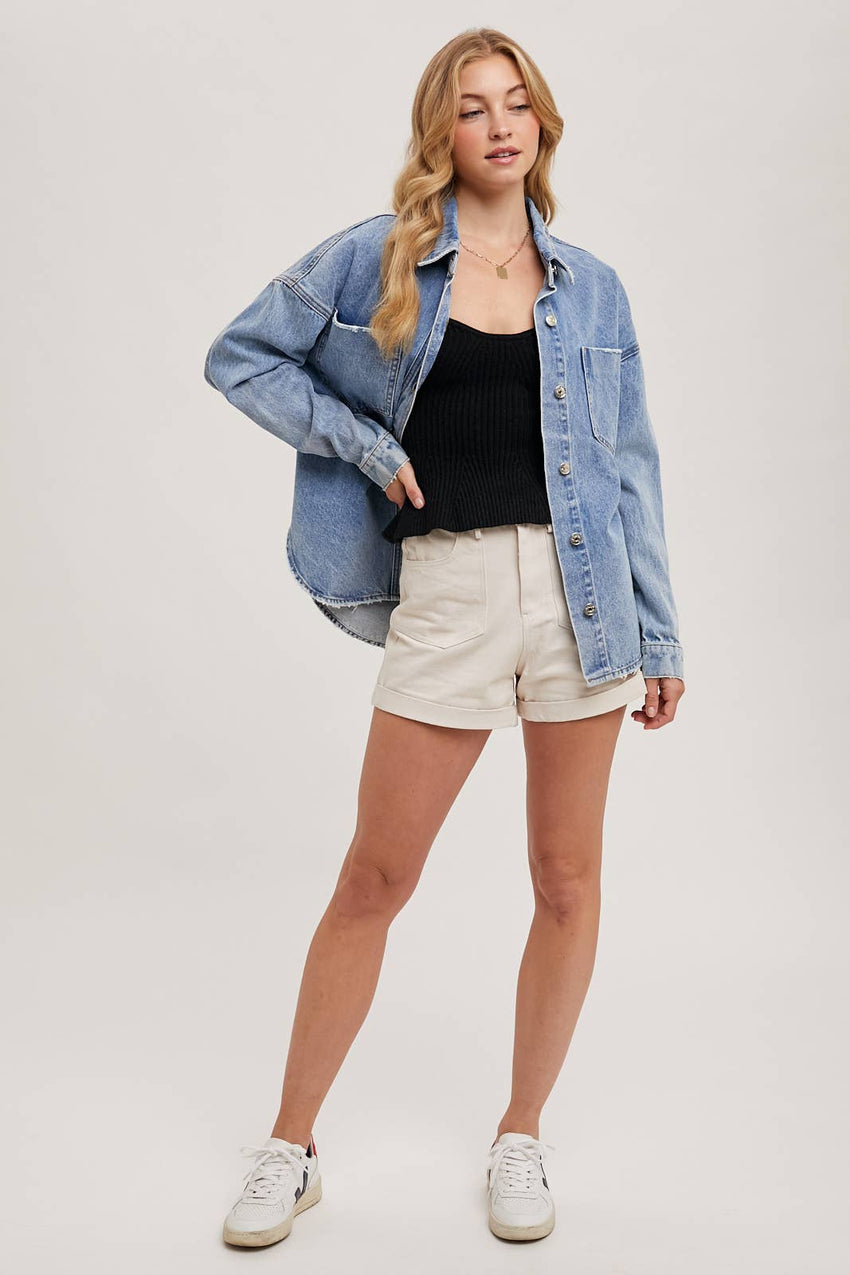 Button Down Dolphin Hem Denim Jacket