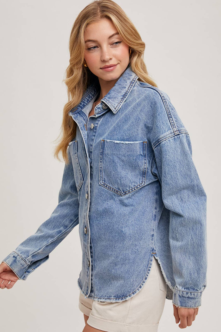 Button Down Dolphin Hem Denim Jacket