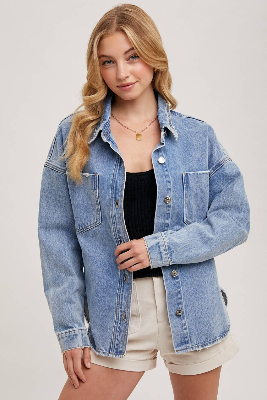 Button Down Dolphin Hem Denim Jacket